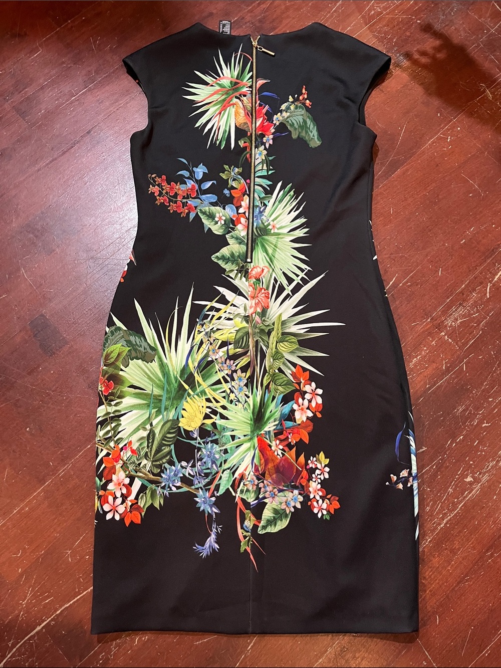 🌻3/$15🌻 Frank Lyman Design Black Tropical Floral Sheath Midi Dress - Picture 6 of 10